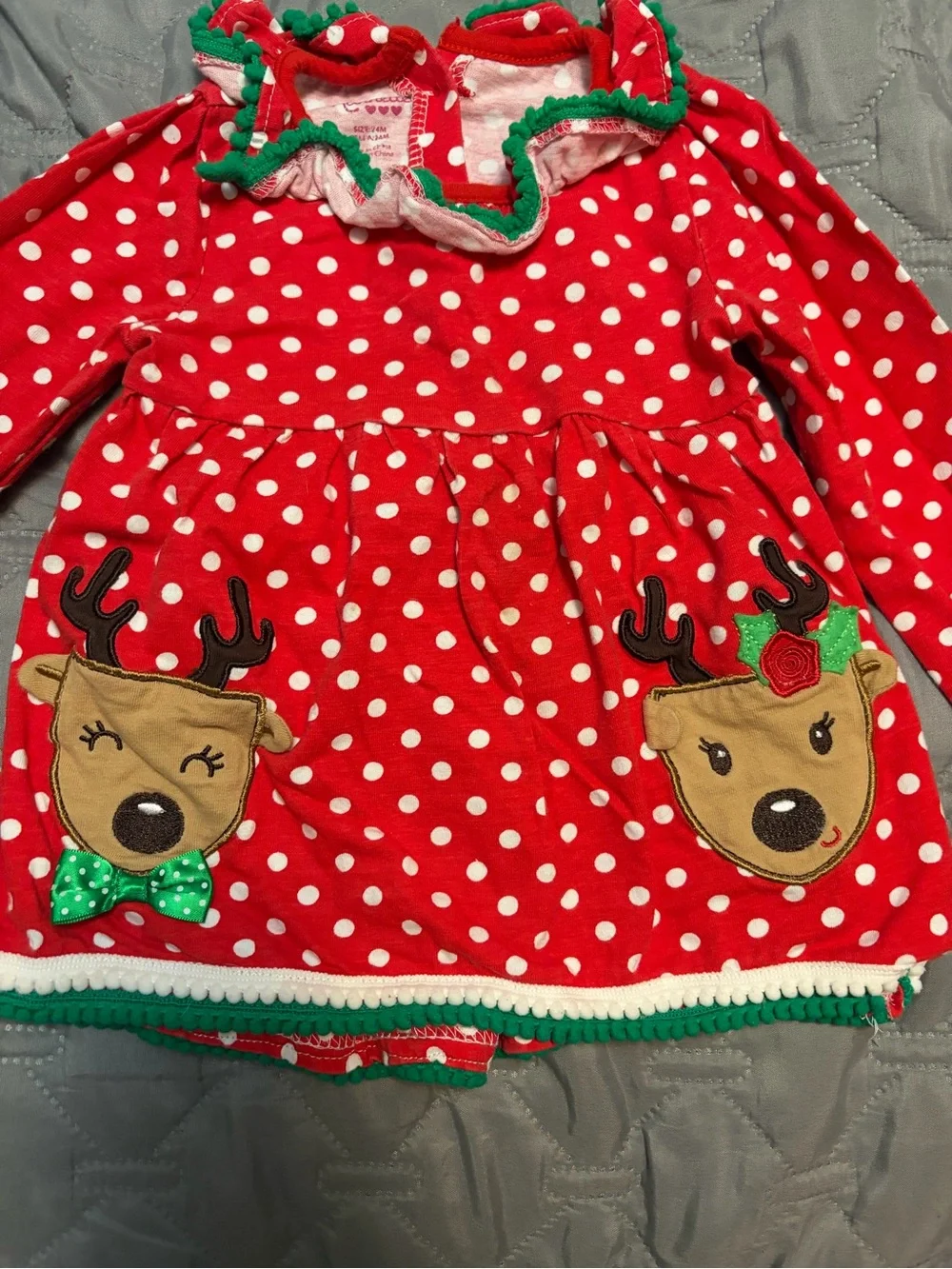 Nannette Red and White Polka Dot Reindeer Pajama Set with Green Trim